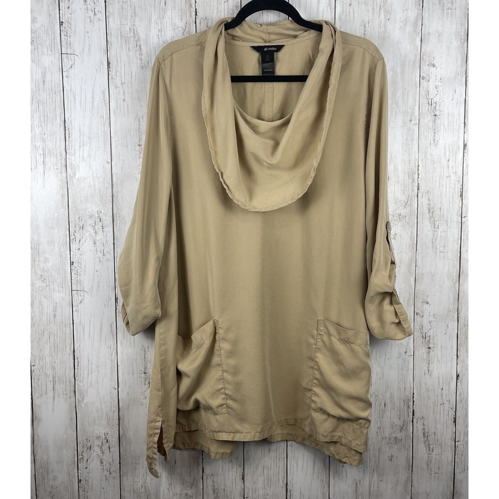 Ali Miles Top Women XL Tan Roll Up 3/4 Sleeve Cowl Neck Pockets Drapey Lagenlook